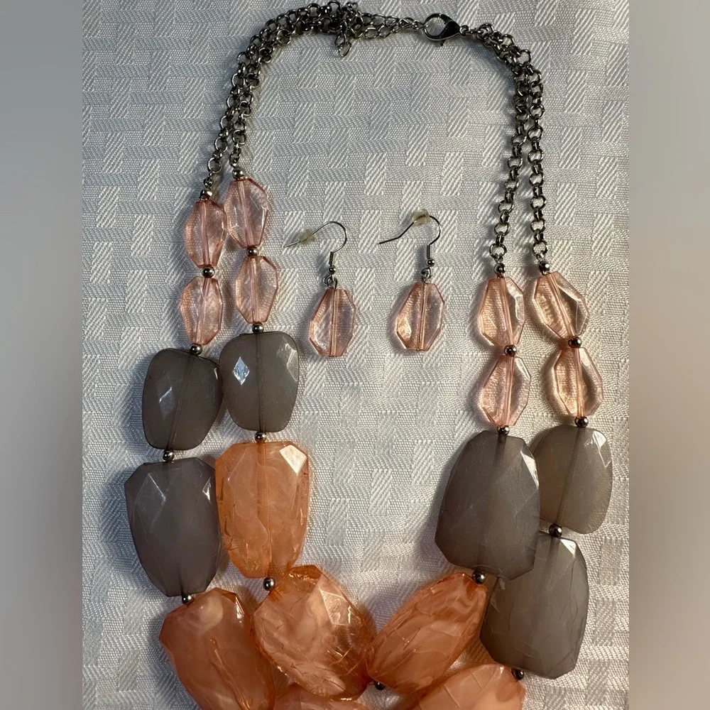 Pink & Grey Double Strand Stone Necklace Set - Picture 2 of 5